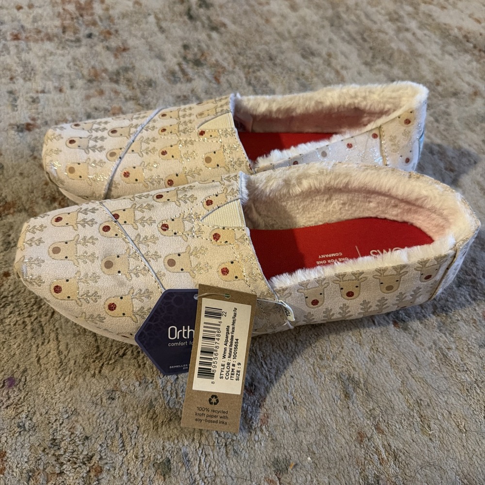 NWT Tom's Alpargata Women's Rudolph Reindeer Face Fur Lined Slip on Shoes Size 9